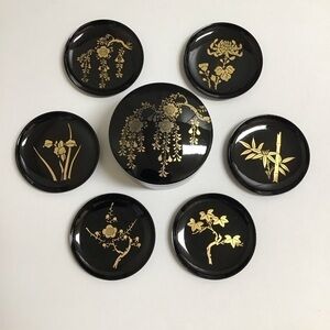 Vintage Japanese Black Lacquerware Box 6 Round Coasters Bamboo Cherry Blossom